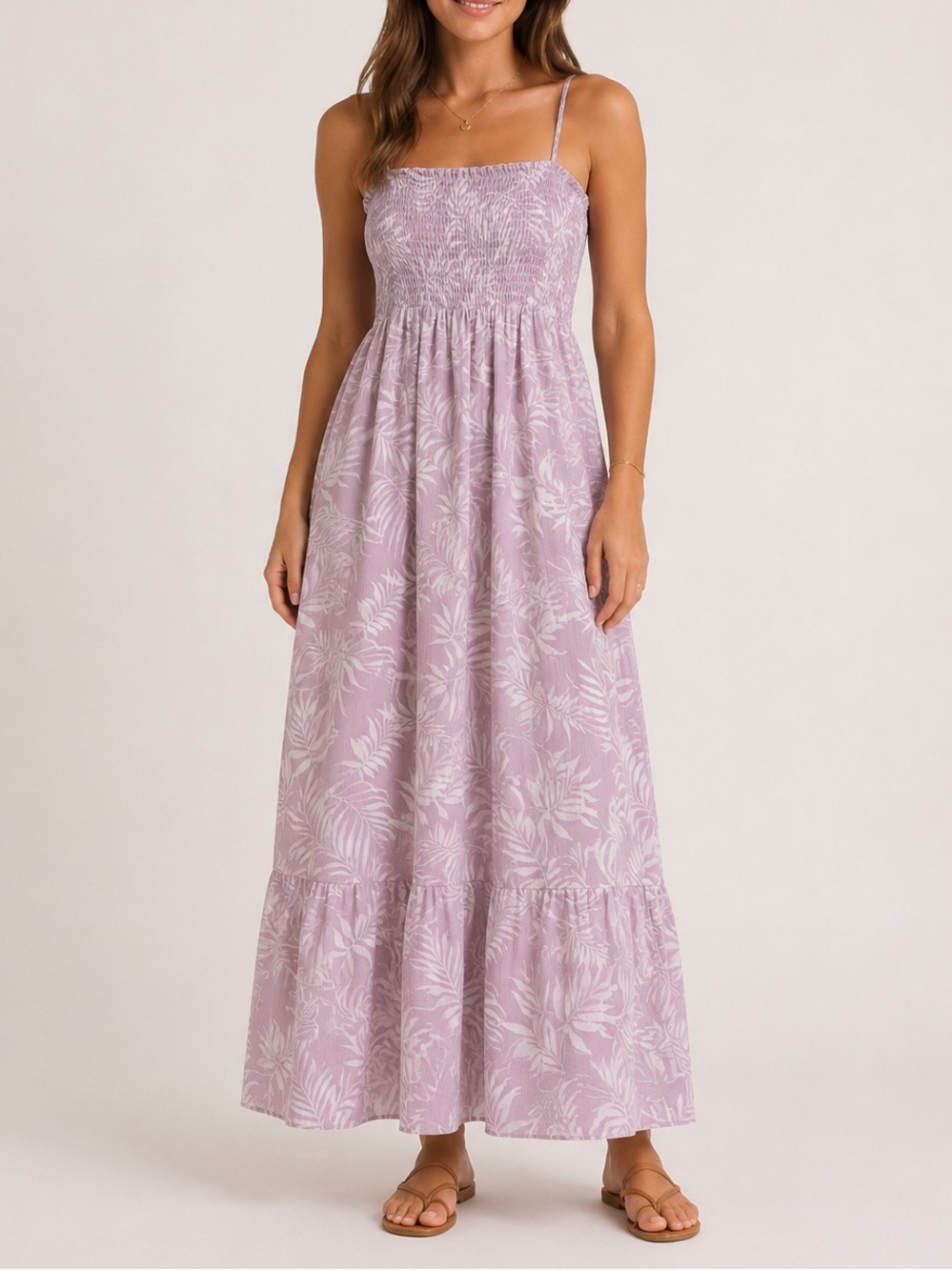 Eden & Olivia Lavender Maxi Dress with White Leaf Print
